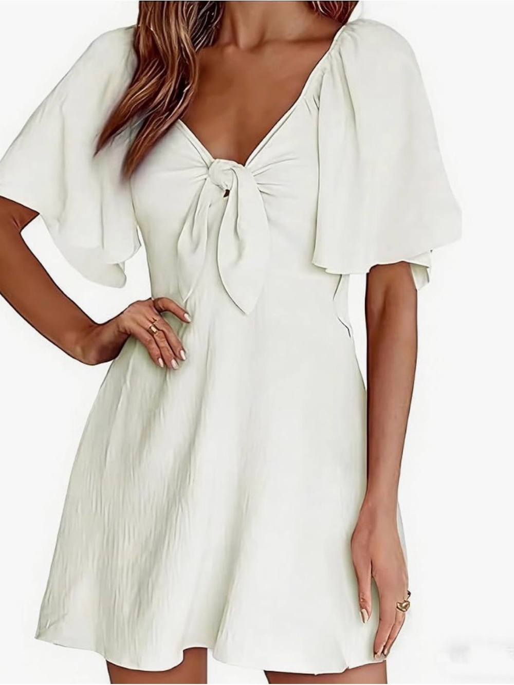 Amazon White Tie-Front Flutter Sleeve Mini Dress